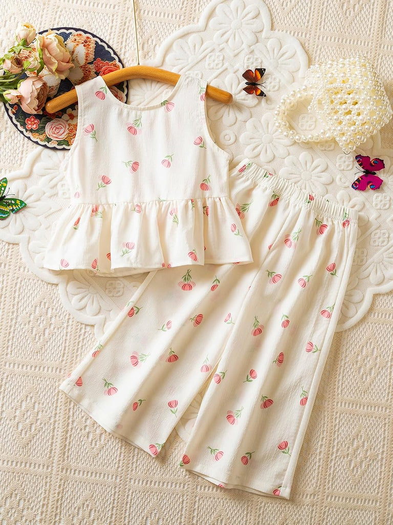 Toddler Baby Girl Summer Clothes Outfits Sleeveless Ruffle Peplum Top Wide Leg Pants 2Pcs Set