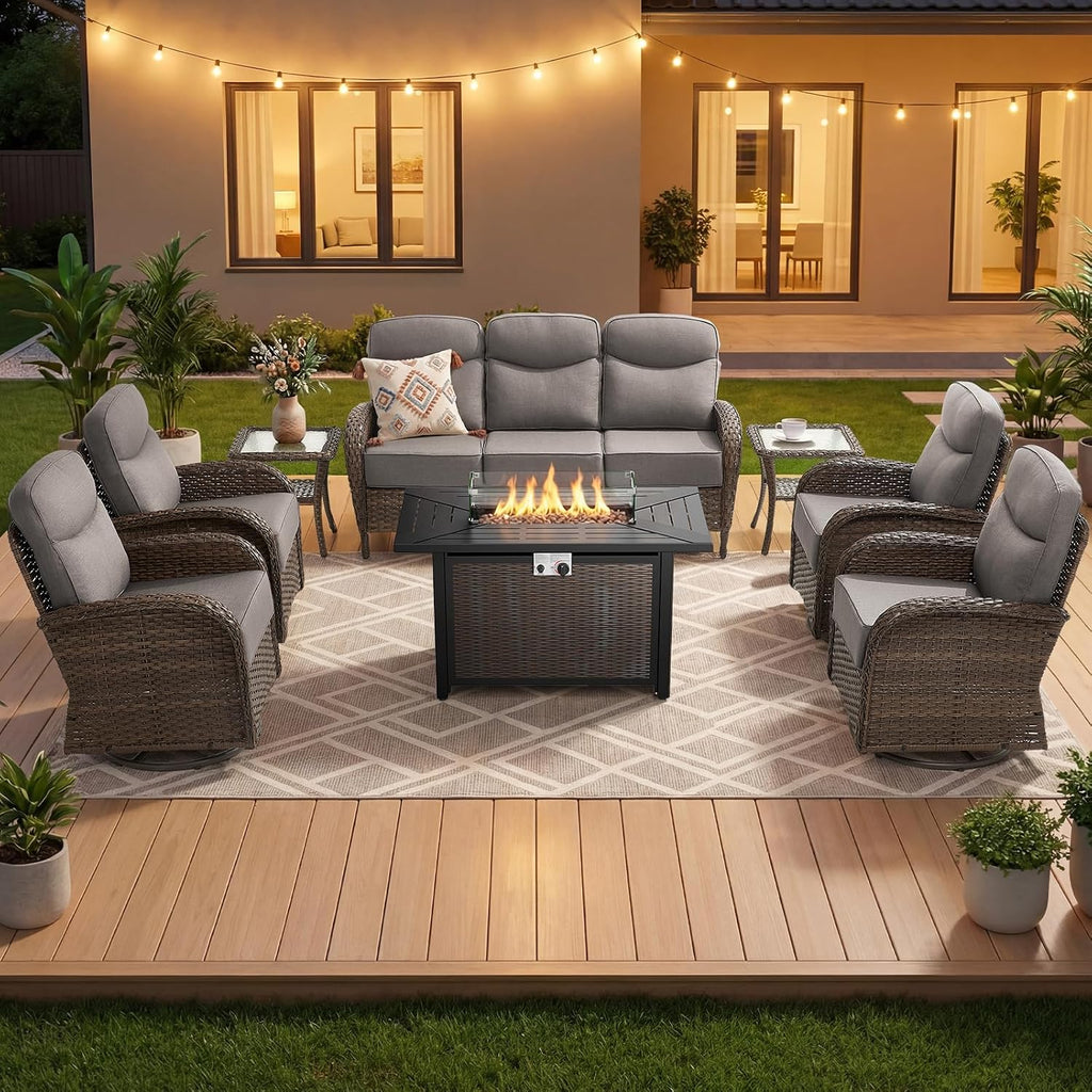 Outdoor Swivel Rocking Chair Patio Set (8pcs) High-Back - Thick Cushion Swivel Rocking Chair Patio with Fire Table