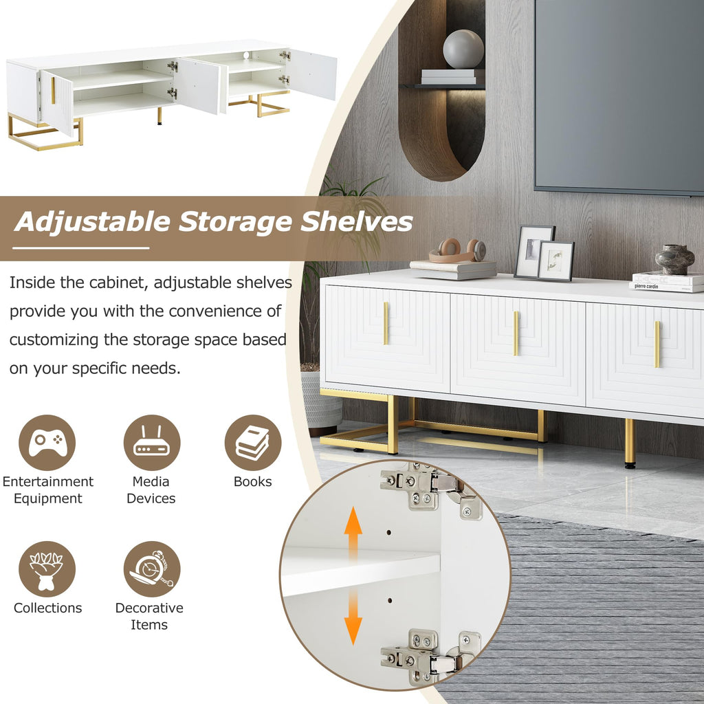 Modern TV Stand with Metal Legs, Gold Handles, Geometric Lines and Adjustable Shelves for TVs Up to 80'', Media
