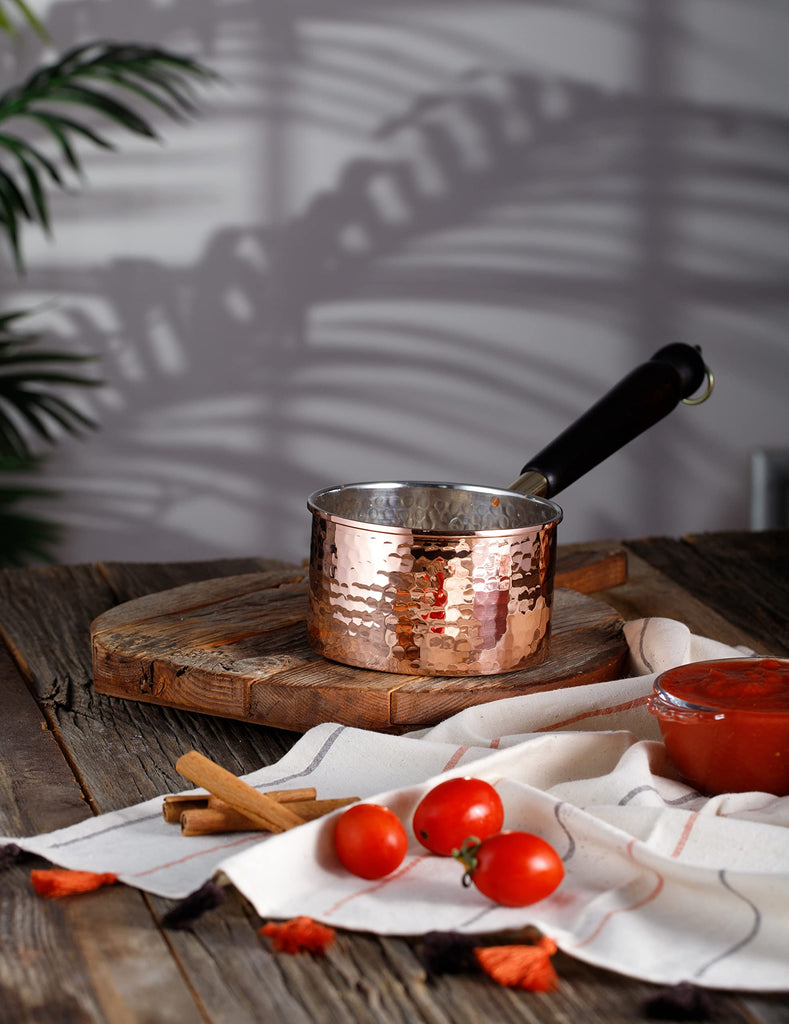 Copper Saucepan, 1mm Thick Solid Uncoated Copper, Wooden Handle, Tin Lined, 100% Handmade in Turkey (0.8