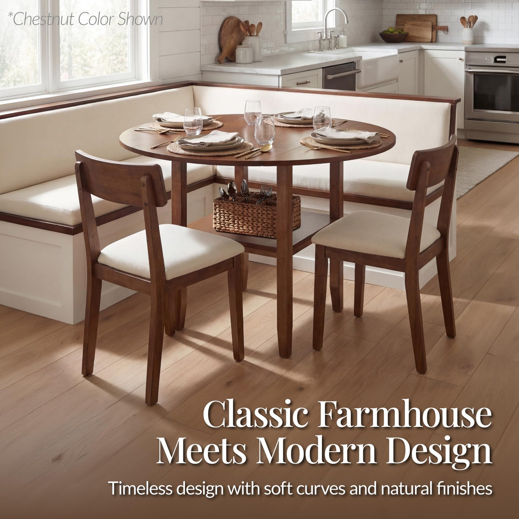 42" Round Drop Leaf Dining Table for 4, Solid Wood Expandable Small Dining Table W/Storage Shelf, Space Saving