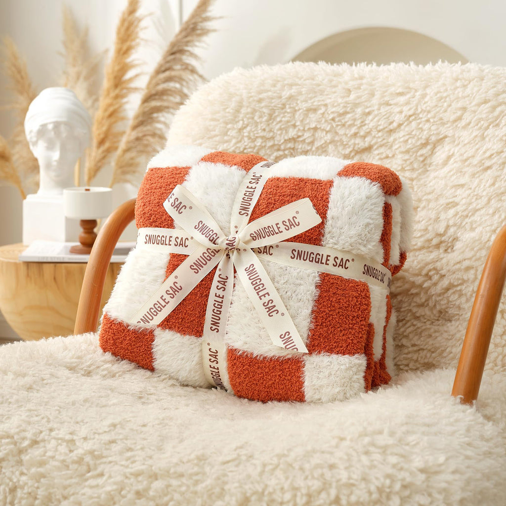 Orange Throw Blanket for Fall, Soft Twin Size Fall Checkered Blanket for Couch, Cozy Faux Fur Knit Microfiber Blankets