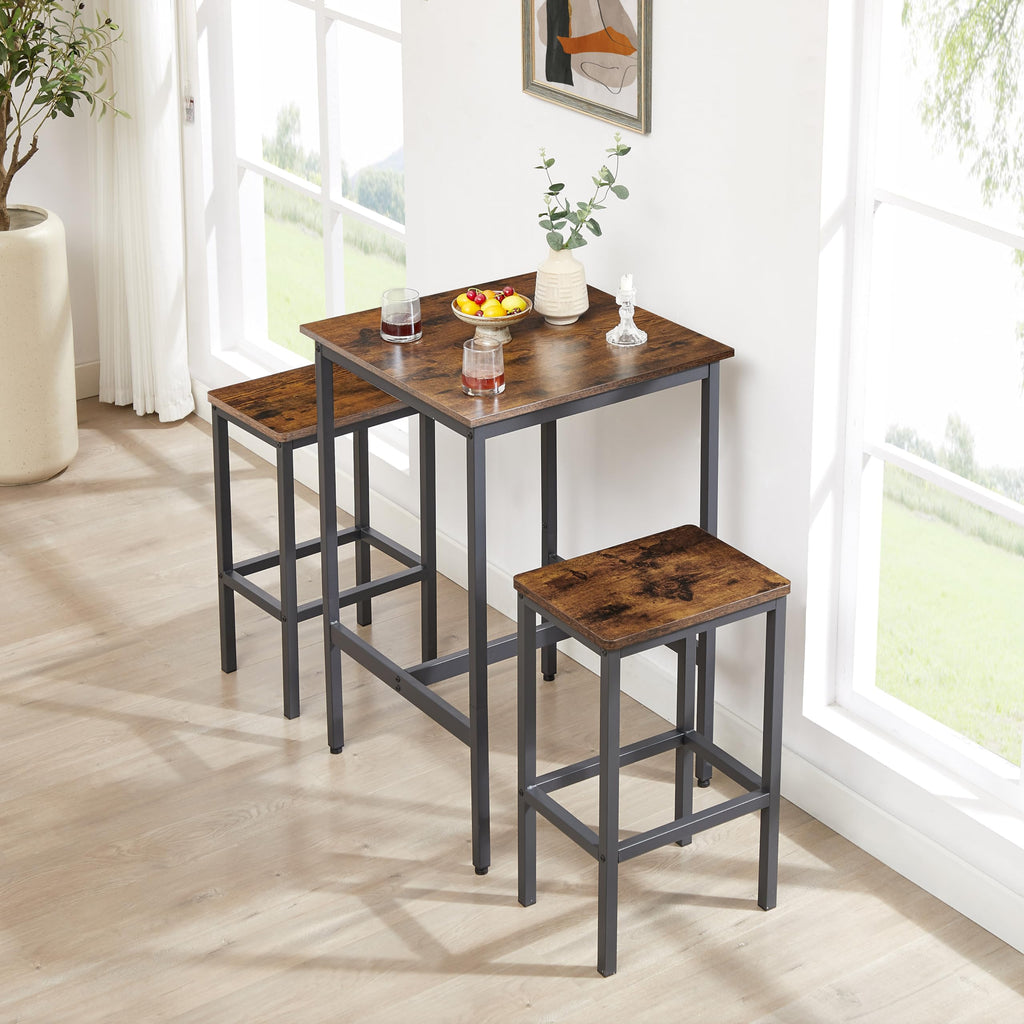 3 PCS Bar Table Set with 2 Stools, Modern Counter Height Table and Chairs Set, Small Spaces (Rustic Brown)