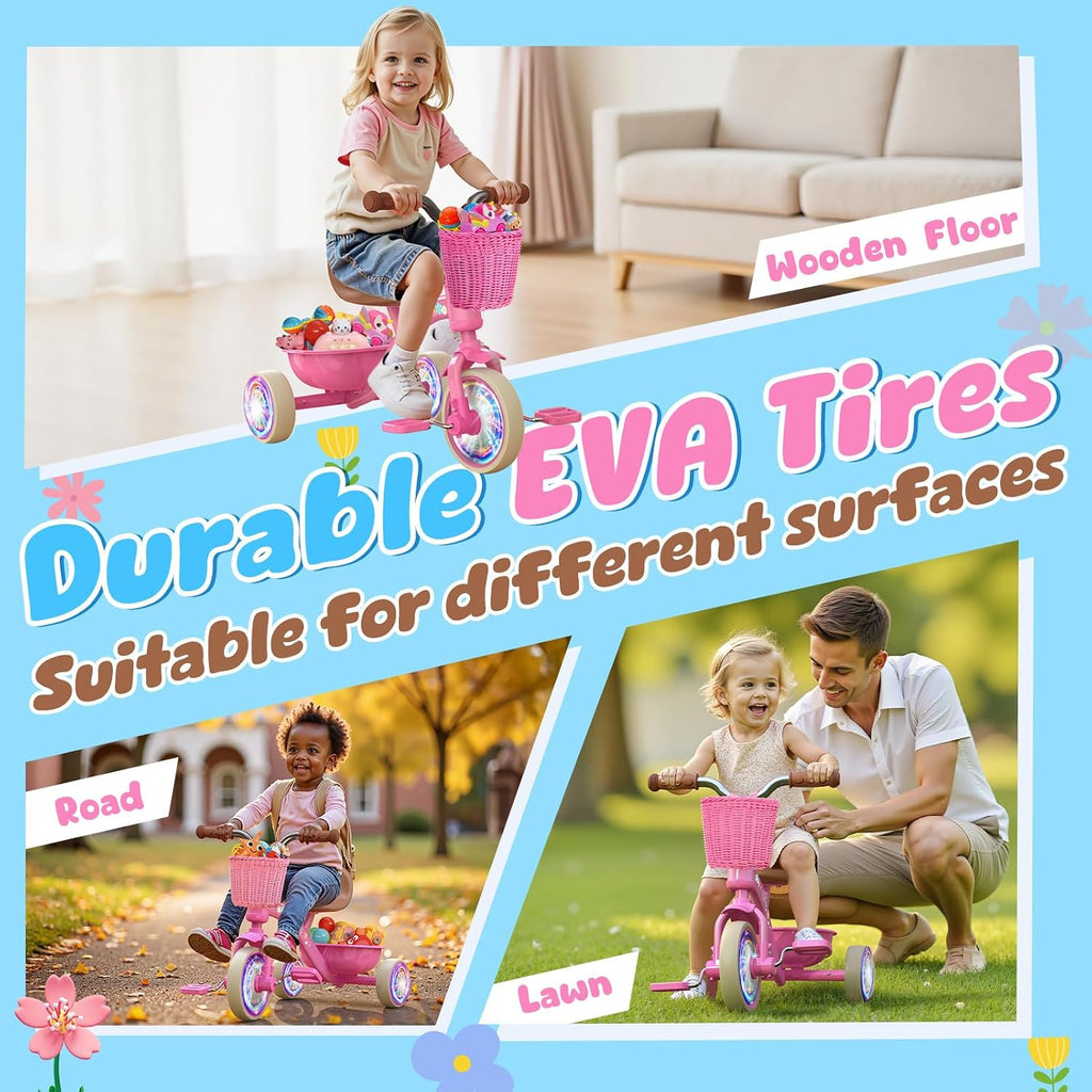 Toddler Tricycle for 1-3 3-5 Year Olds, 2 3 4 5 Year Old Girl Birthday Gifts, Pink Toddler Baby Bike, Outdoor Riding
