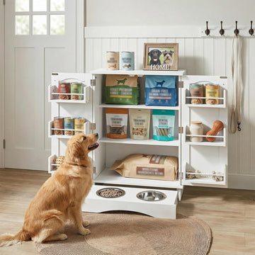 32" H Dog Feeding Station with Storage with Adjustable Shelves