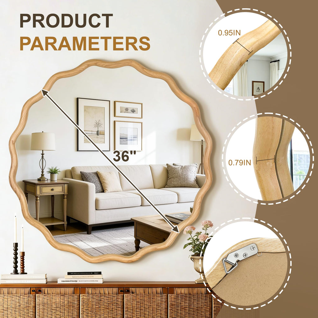 Round Wavy Wall Mirror, 36" Circle Boho Scalloped Mirror