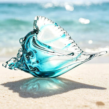 Blown Glass Conch Shell Sculpture, 8.2" Sea Glass Art Decor