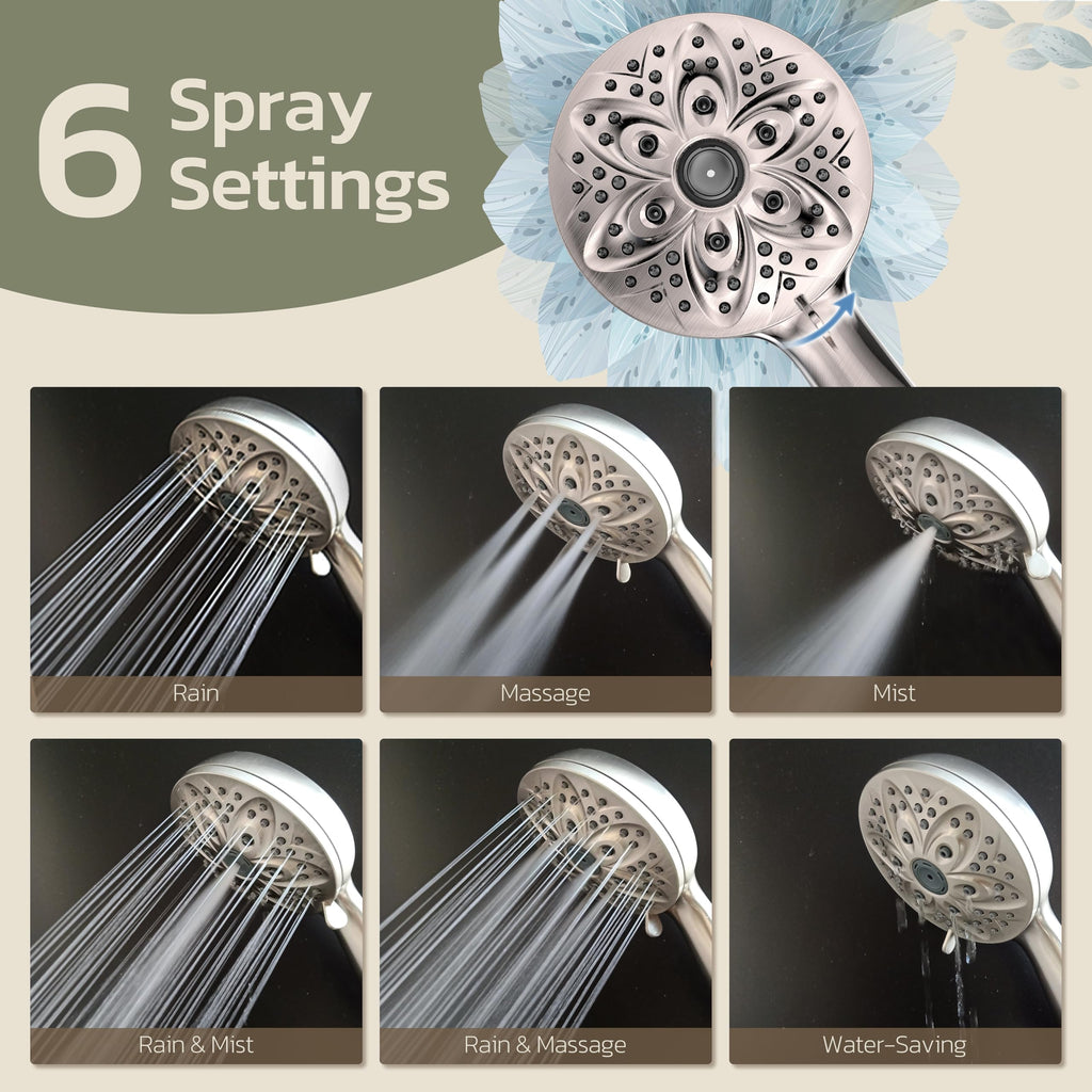 Handheld Shower Head, 6 Spray Settings, Brushed Nickel Finish