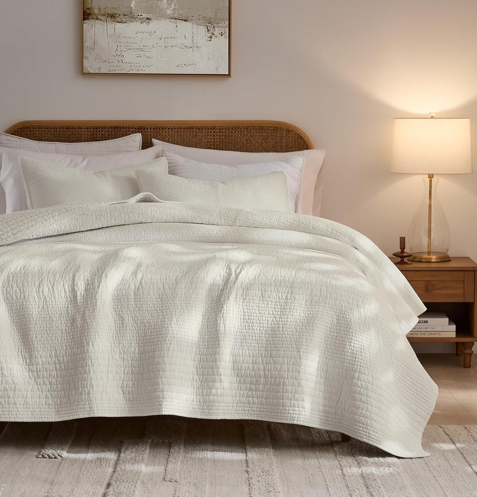 Striped Beige 100% Cotton Quilt King Bedding Sets, Lightweight Crinkly Channel Pick Stitch Textured Bedspread Soft