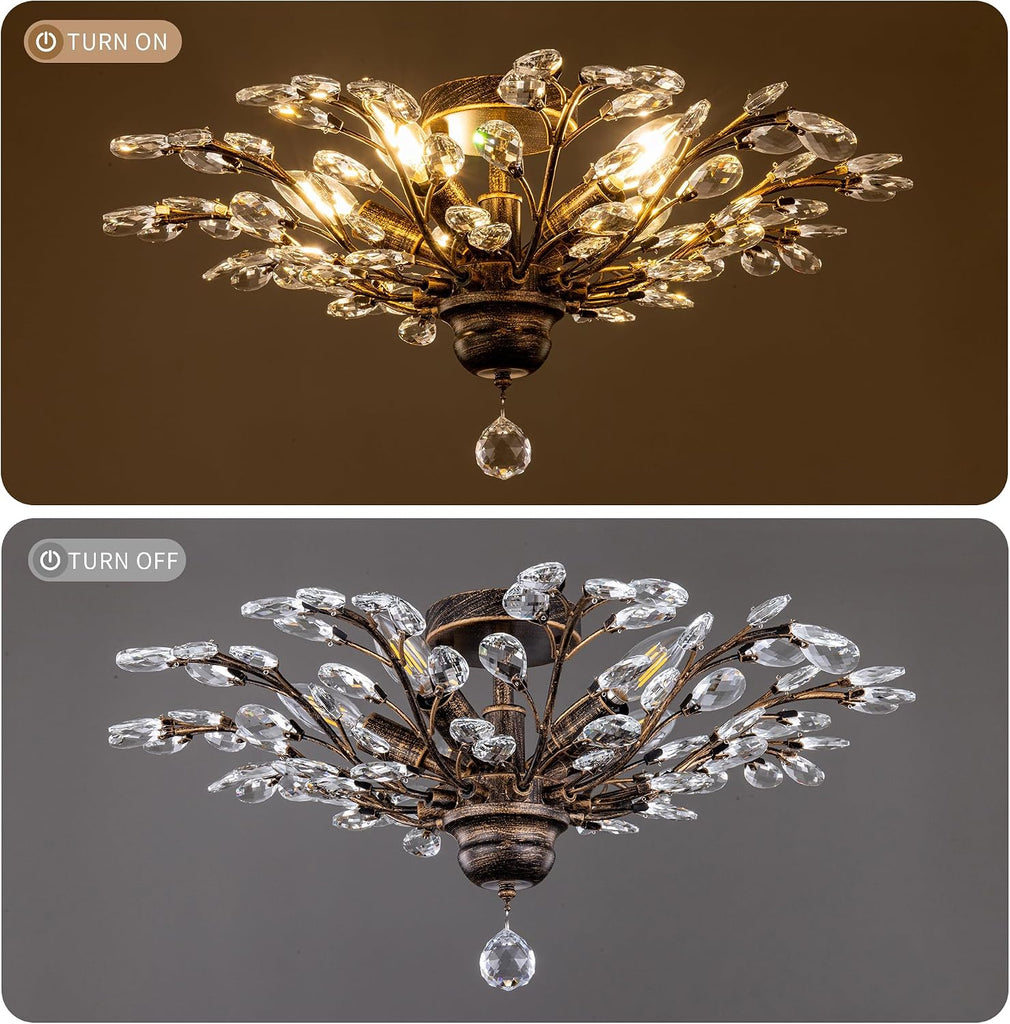 Vintage Crystal Ceiling Light Fixture, 5 Lights Bronze Semi Flush Mount Ceiling Light Fixture, Modern Farmhouse
