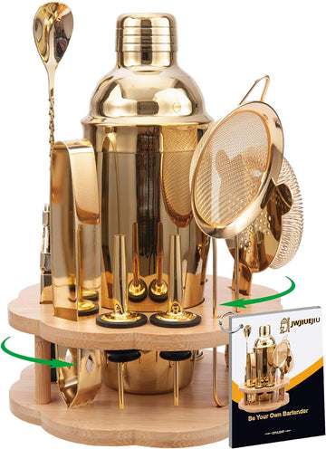 Cocktail Shaker Set Bartender Kit with Rotatble Bamboo Stand, Bar Set Stainless Steel Bar Accessories - Set of 11