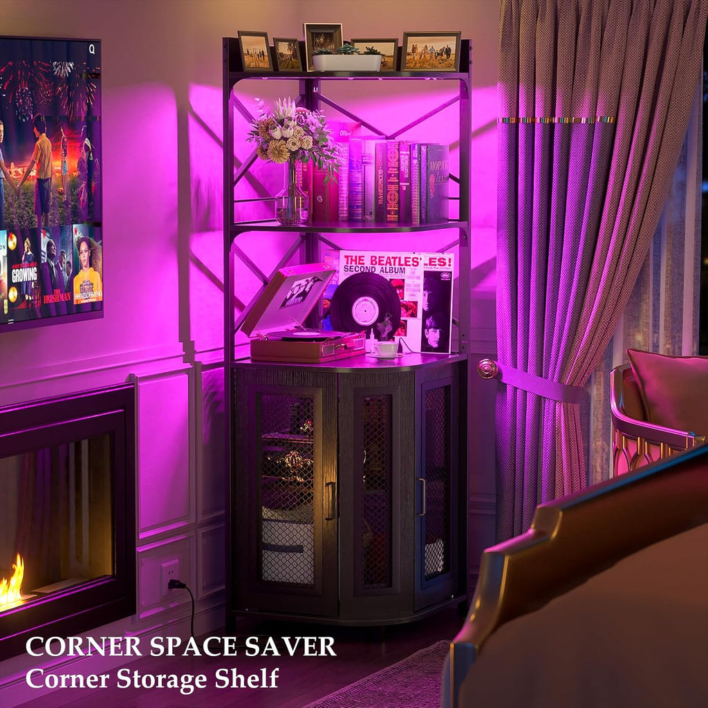 Corner Bar Cabinet with Power Outlet, Industrial Liquor Cabinet | 5-Tiers Wine Cabinet Mini Bar Unit with LED Strip