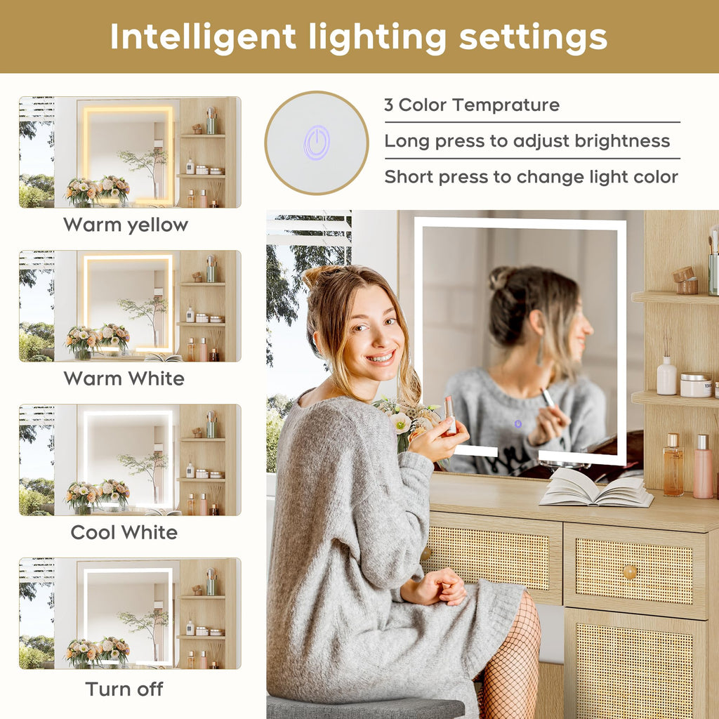 Rattan Vanity Desk with LED Lighted Mirror and Stool