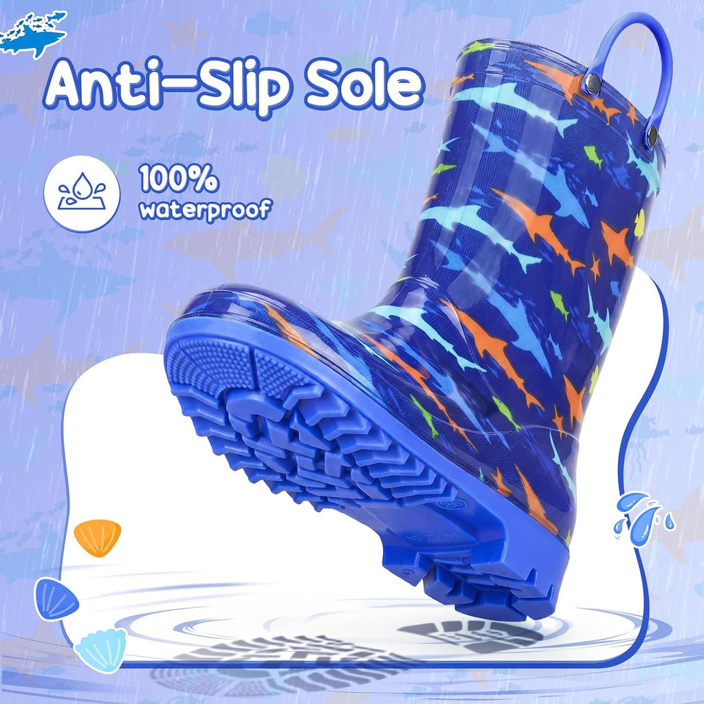Kids Rain Boots for Boys Rain Boots Dinosaur Shark Rainboots Toddler Boy Waterproof Lightweight Easy-On Handles
