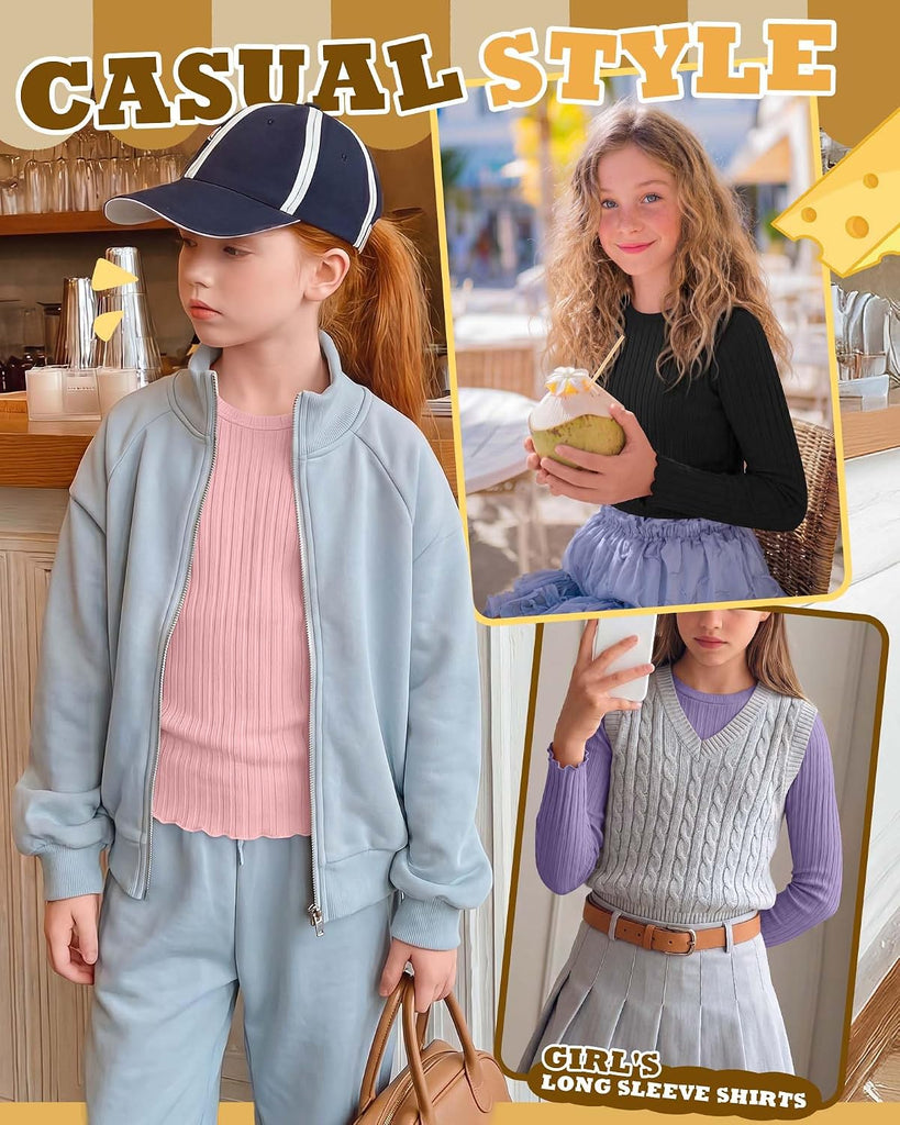 4 Pack Girls Long Sleeve Shirts Kid Cotton Ribbed Top
