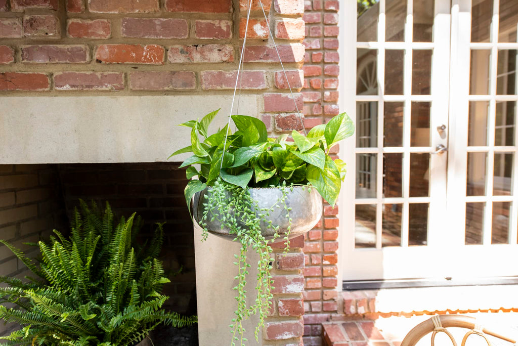 Round Galvanized Metal Hanging Planter with Rope and Hook, Silver and Gold