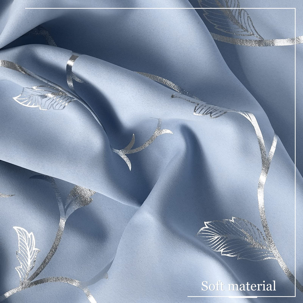 Blue Blackout Curtain 2 Panel Set Vine Foil Print Thermal Insulated Drapes Room Darkening Curtains Grommet Window