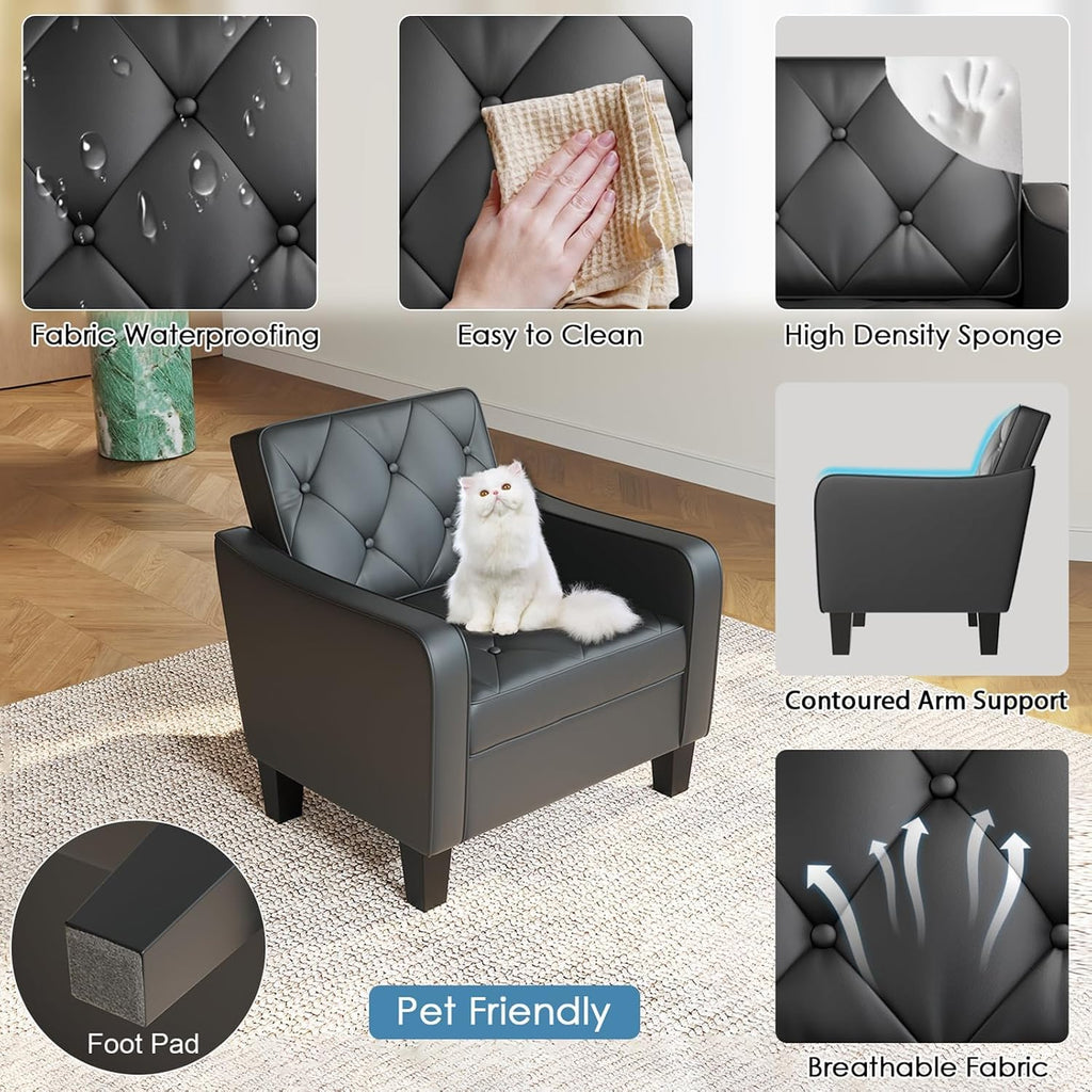 Black Faux Leather Accent Chairs with Arms, Waiting Room, Modern - Set of 2