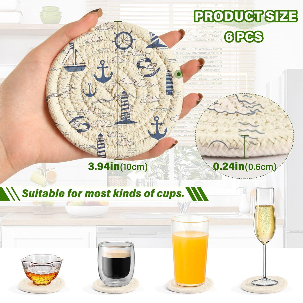 Nautical Lighthouses Drink Coasters Set - 6 Pcs Minimalist Woven Coasters with Holder Decor, 3.94 Inch Absorbent