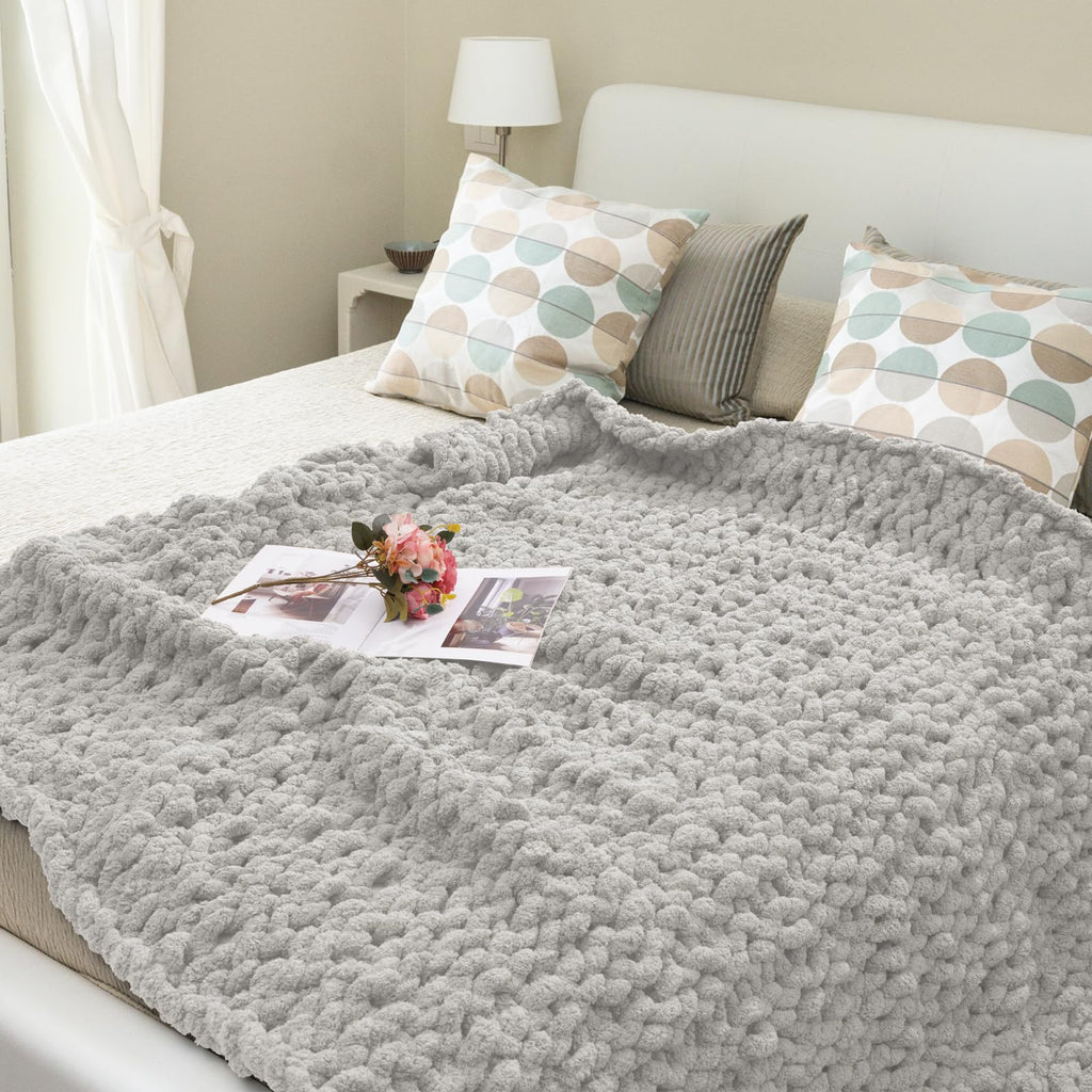 Chunky Knit Blanket Throw, 50x60inch Soft Chenille Yarn Throw, Handmade Warm Thick Cable Knit Crochet Blanket, Large