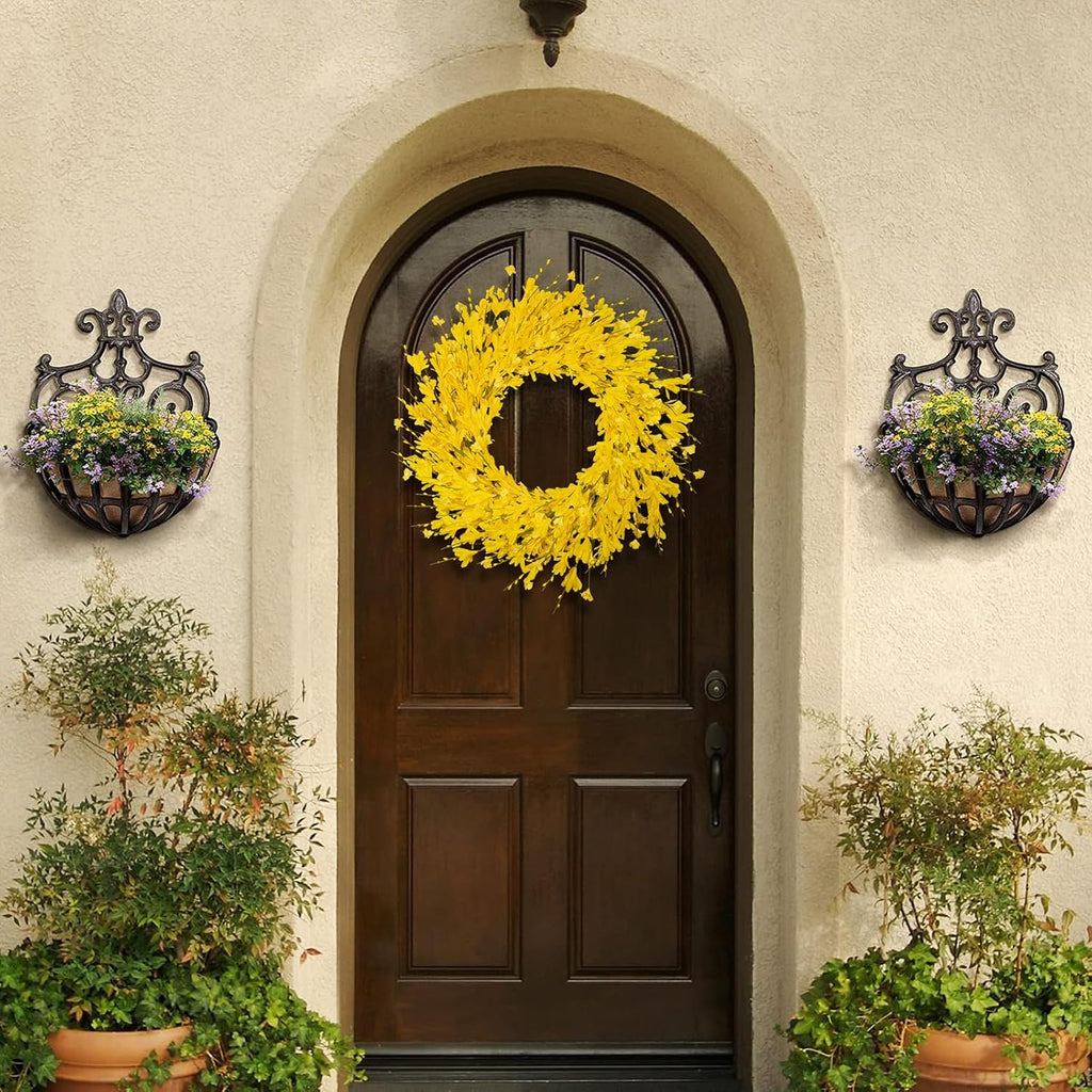 24 Inch Artificial Yellow Forsythia Flower Wreaths, Silk Leaves Paper Floral Wreath for Front Door, Spring Summer