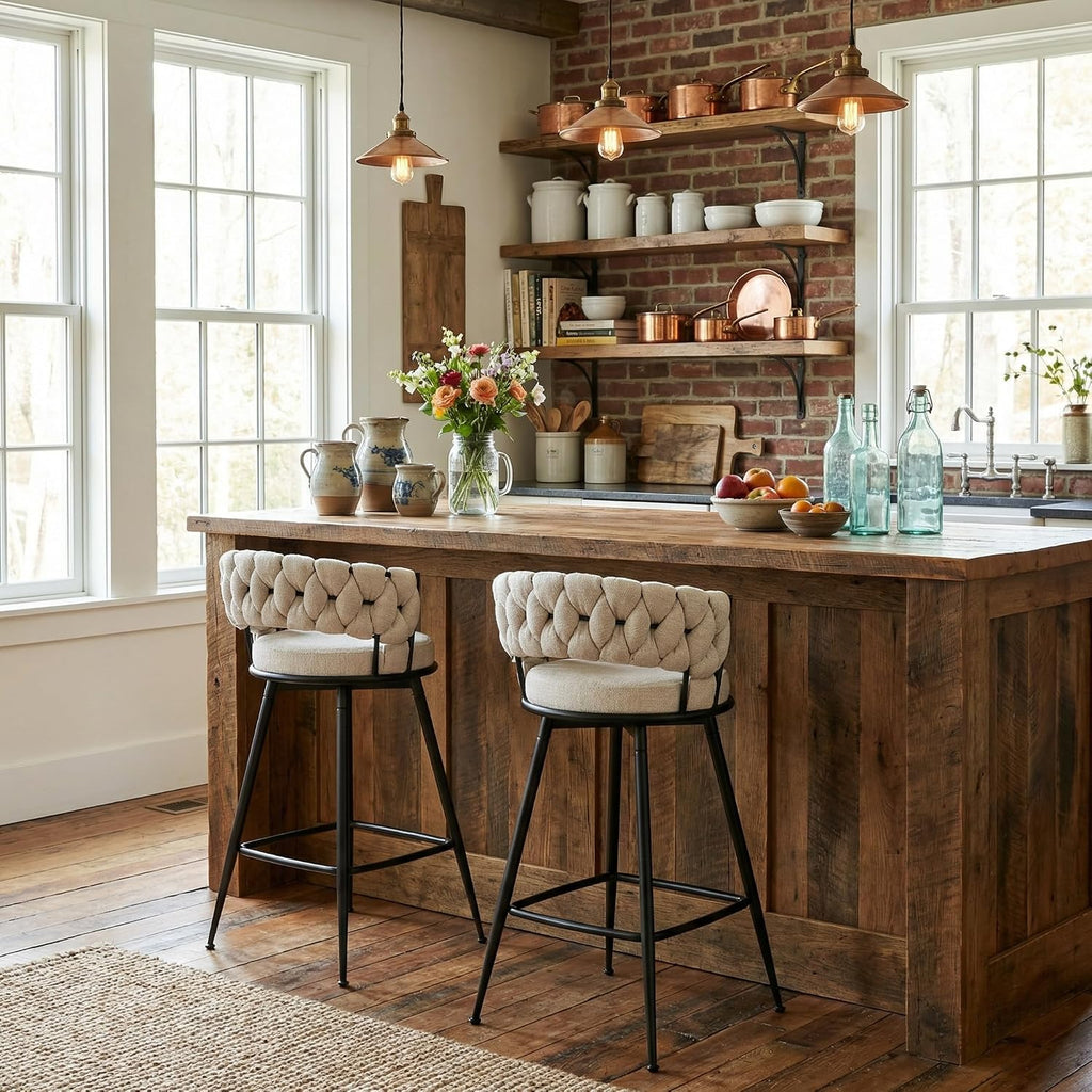 Bar Stools Set of 2, 28.7 inch Seat Height Bar Chairs, 360° Swivel Counter Height Barstools with Woven Back and Arm