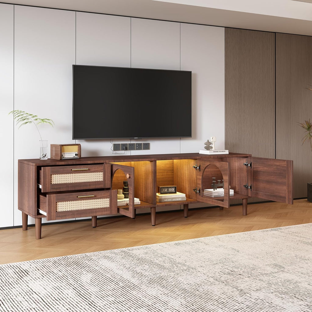 Rattan TV Stand with LED Lights, 70" Entertainment Center with 3 Cabinets & 2 Drawers Media Console Table for TVs Up