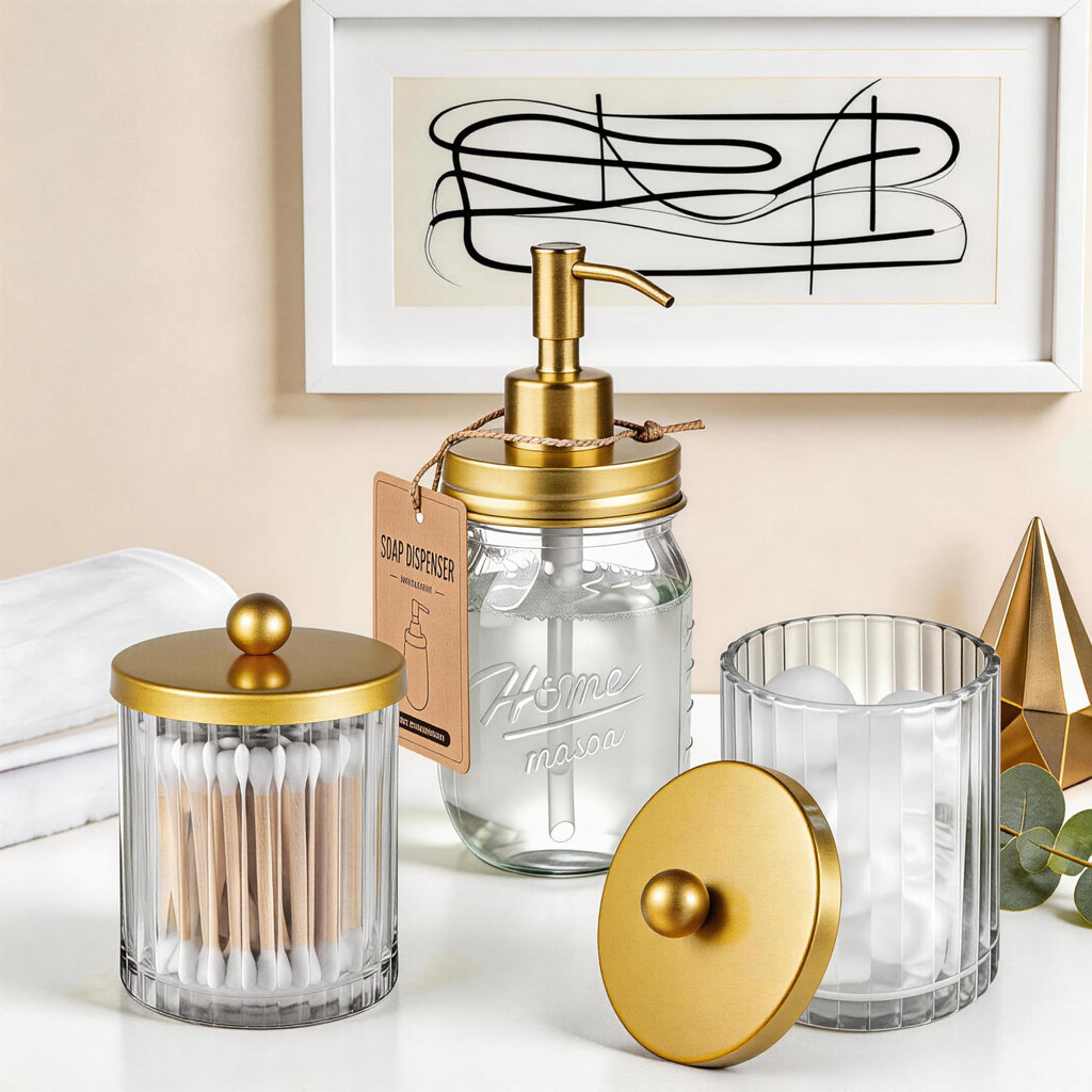 Qtip Holder, Clear Glass Apothecary Jars(Gold 4 Pack)