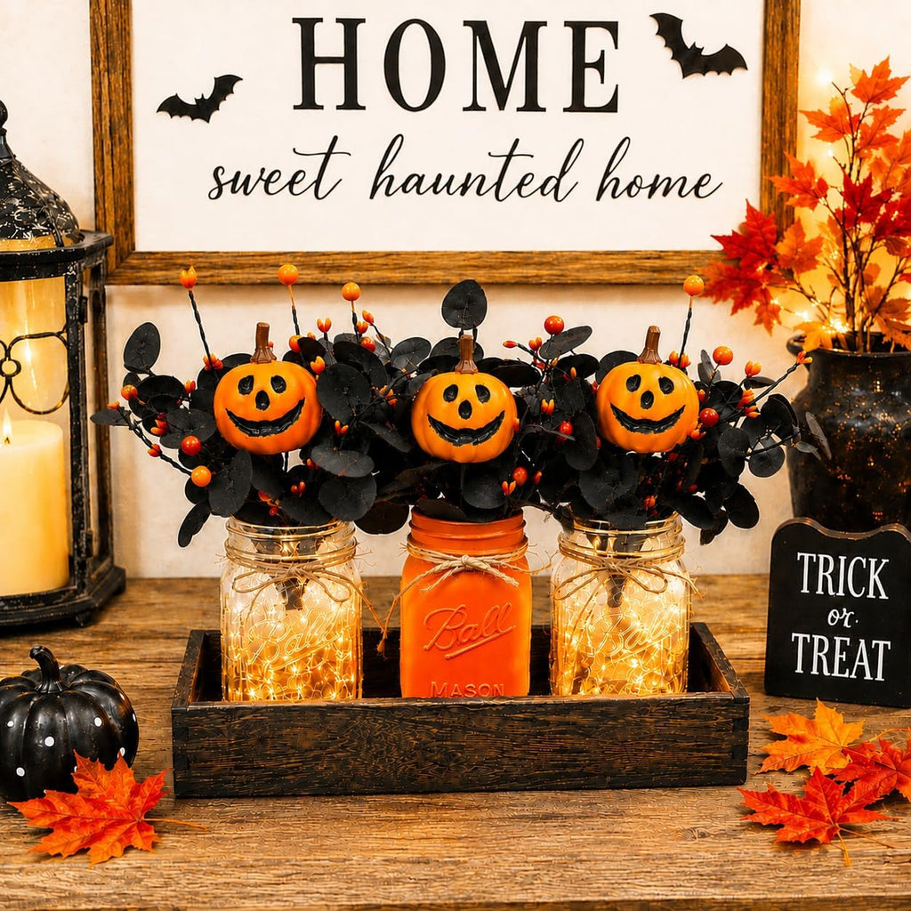 Lighted Halloween Table Centerpiece, Pumpkin Mason Jar Decorations - Set of 9