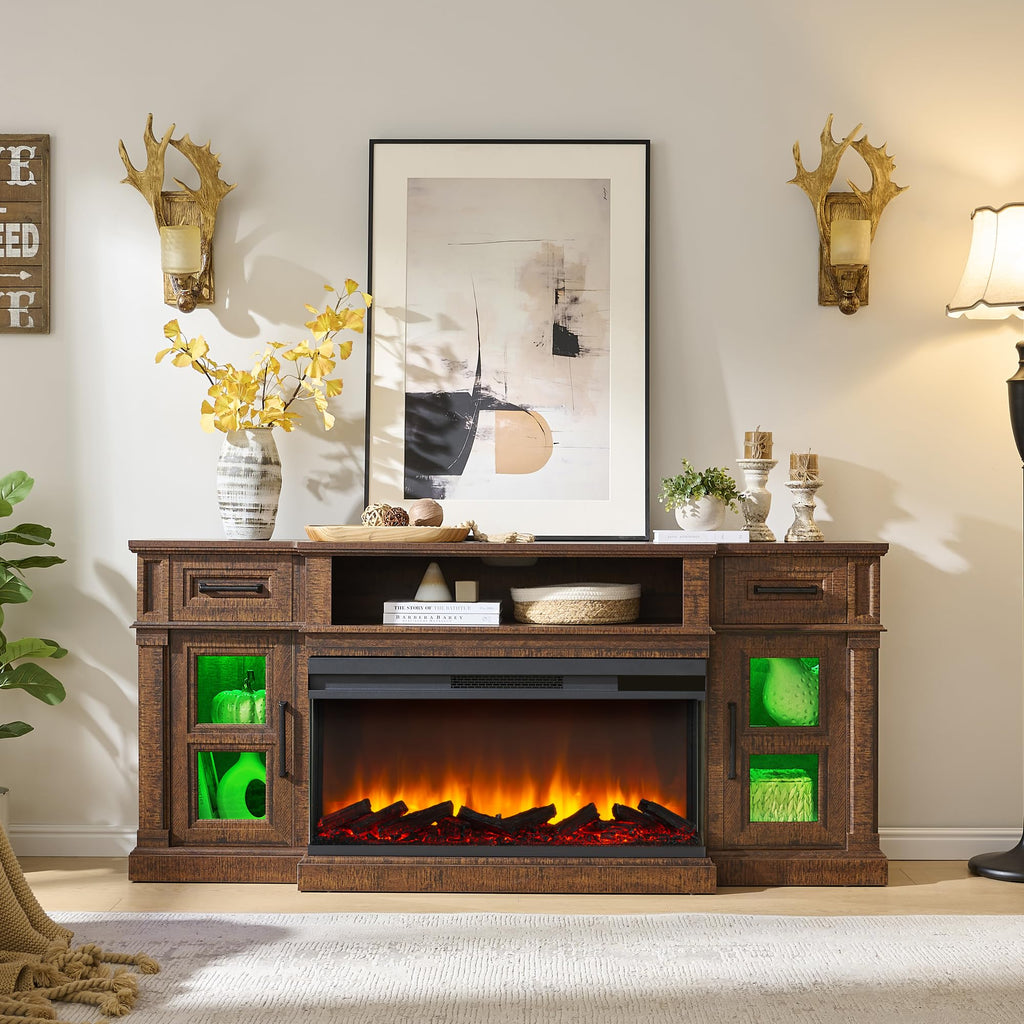 3-Side for up to 80 Inch TV, LED Entertainment Center with 36 Inch Electric Fireplace, Farmhouse TV Console Table