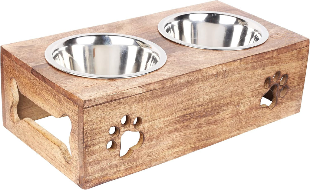 Wooden Dog Cat Pet Feeder Station Stand with 2 Stainless Steel Bowls | Raised Cat Bowl Dogs Bowl Elevated Cat Dog
