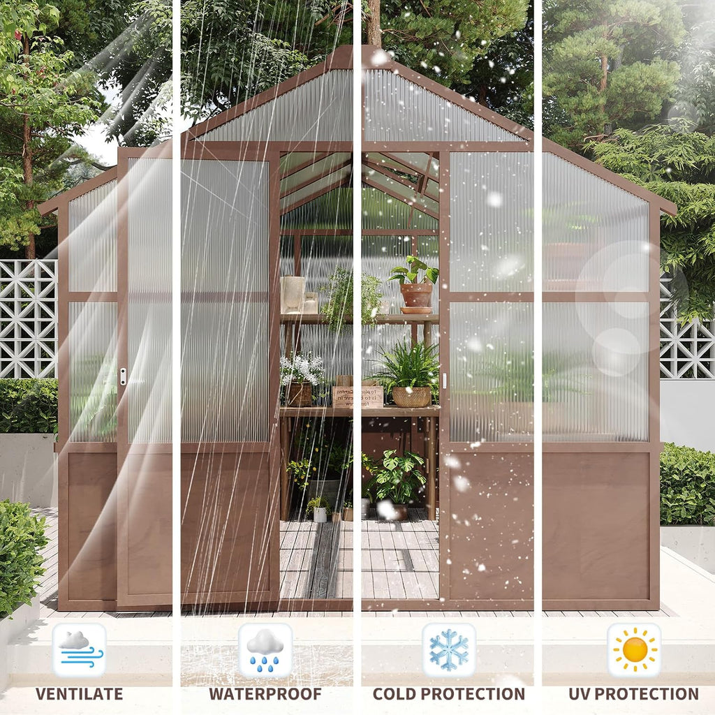 8x10 FT Outdoor Wooden Walk-in Greenhouse, Heavy Duty Pine Wood Green House with 6MM Thick Polycarbonate Panels