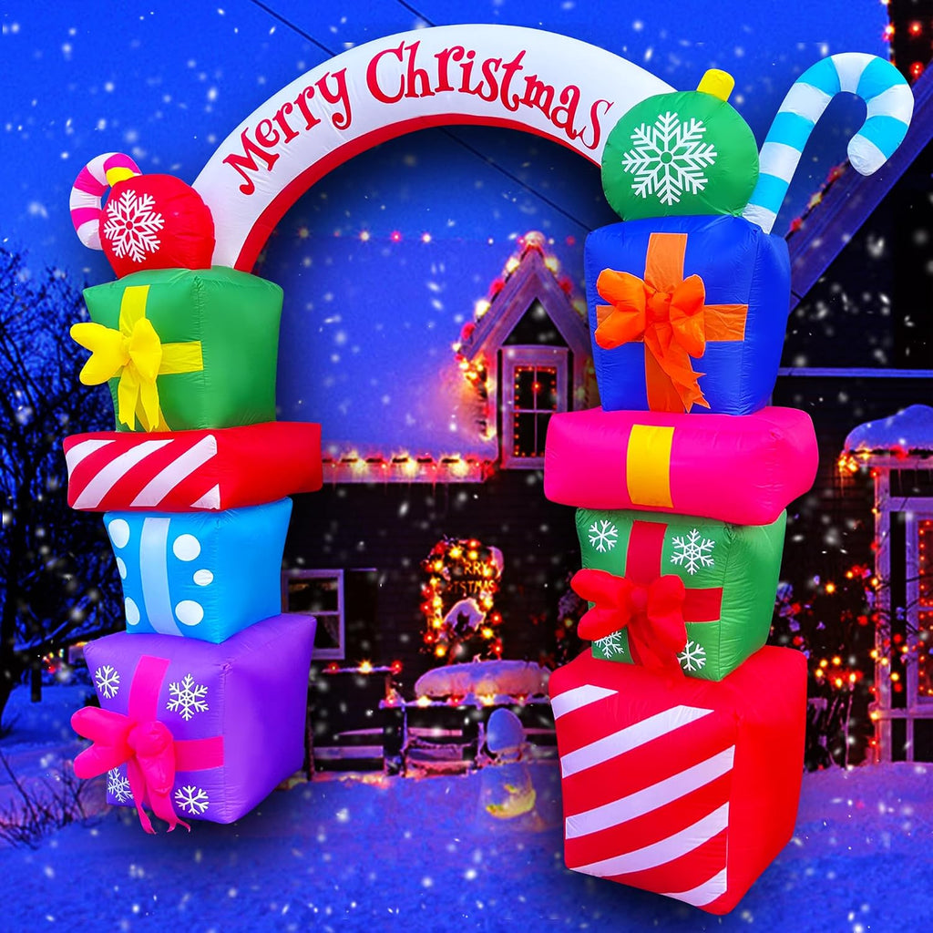 8 FT Christmas Inflatable Gift Boxes Arch Archway with Candy Merry Christmas Decoration Blow Up Lighted for Xmas Lawn