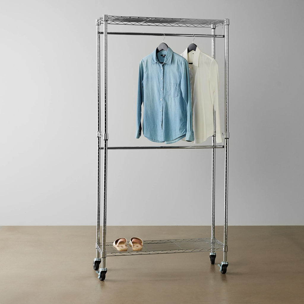 Adjustable Clothes Rack for Handing, Double Hanging Rod Garment Rolling Closet Clothing Organizer, Chrome, 36'' x