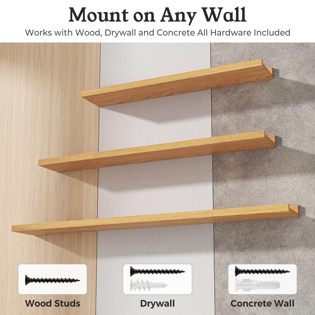 Oak Picture Ledge Shelves for Wall, 4.5" Deep Wood Floating Shelves with Lip, 36" Width, Color Oak Set of 2