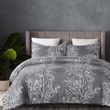 Lightweight Cooling Microfiber Duvet Cover Queen, Grey and White Floral Branches Print Pattern All Season, 3-Piece