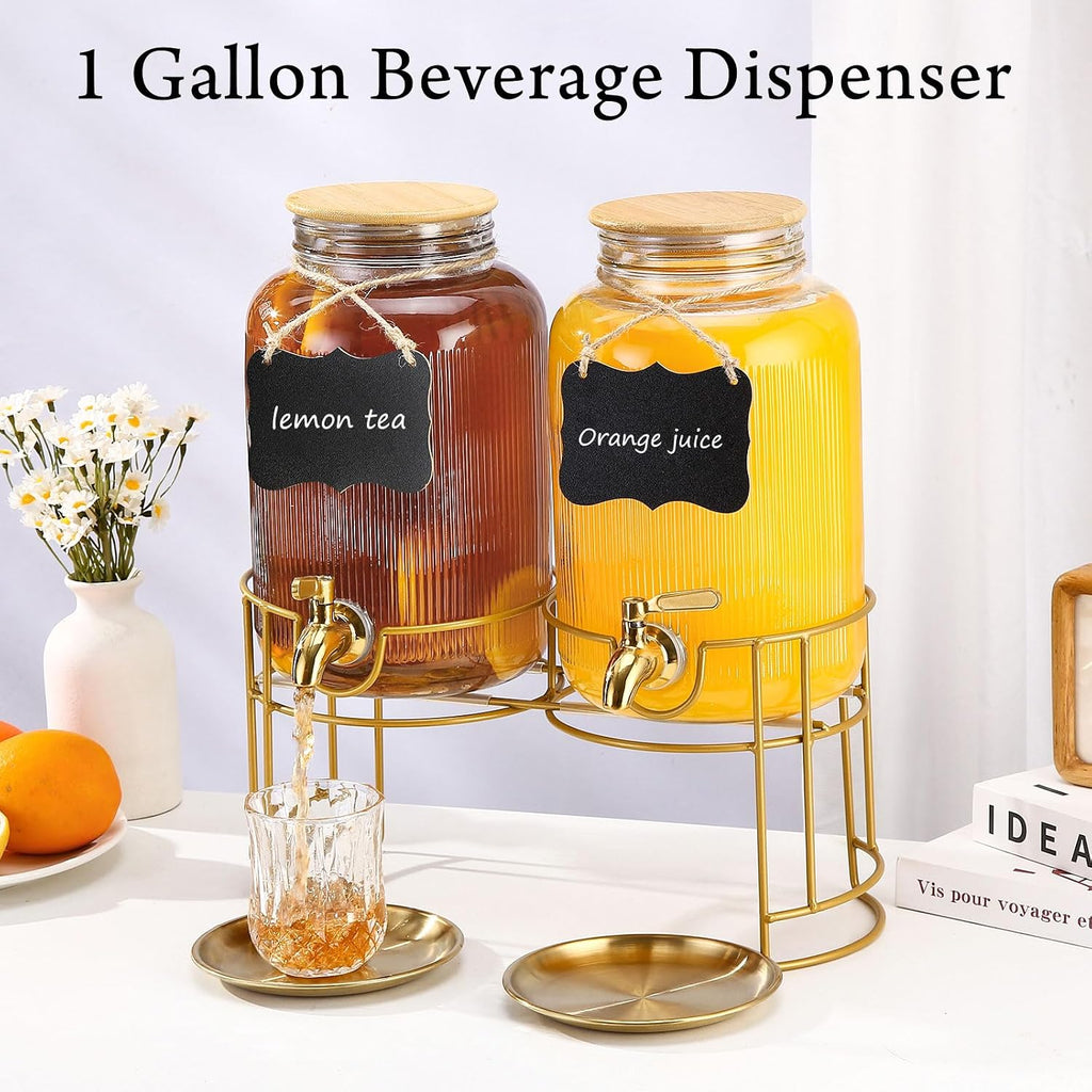 Drink Dispensers For Parties- 1 Gallon Beverage Dispenser with Stand and Spigot 18/8 Stainless Steel Leak-proof- Sun - Set of 2