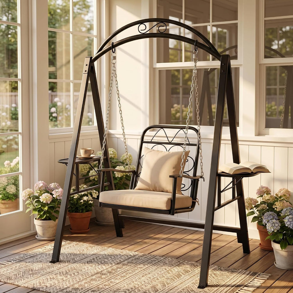 Outdoor Porch Swing with Stand, 350lbs Capacity, Height Adjustment | 1 Seat, Heavy-Duty Metal Frame, Cup Holders