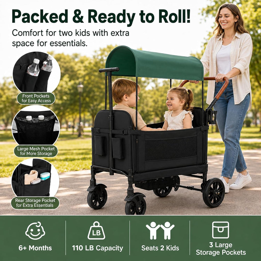 Wagon Stroller for 2 Kids, Foldable with Push/Pull Handles