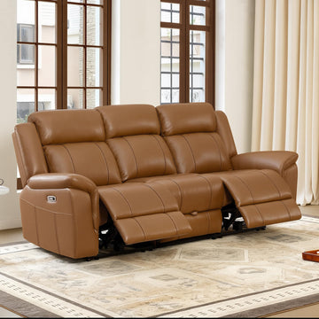 Leather Power Recliner Sofa Wall Hugger, Saddle, 3 Seater