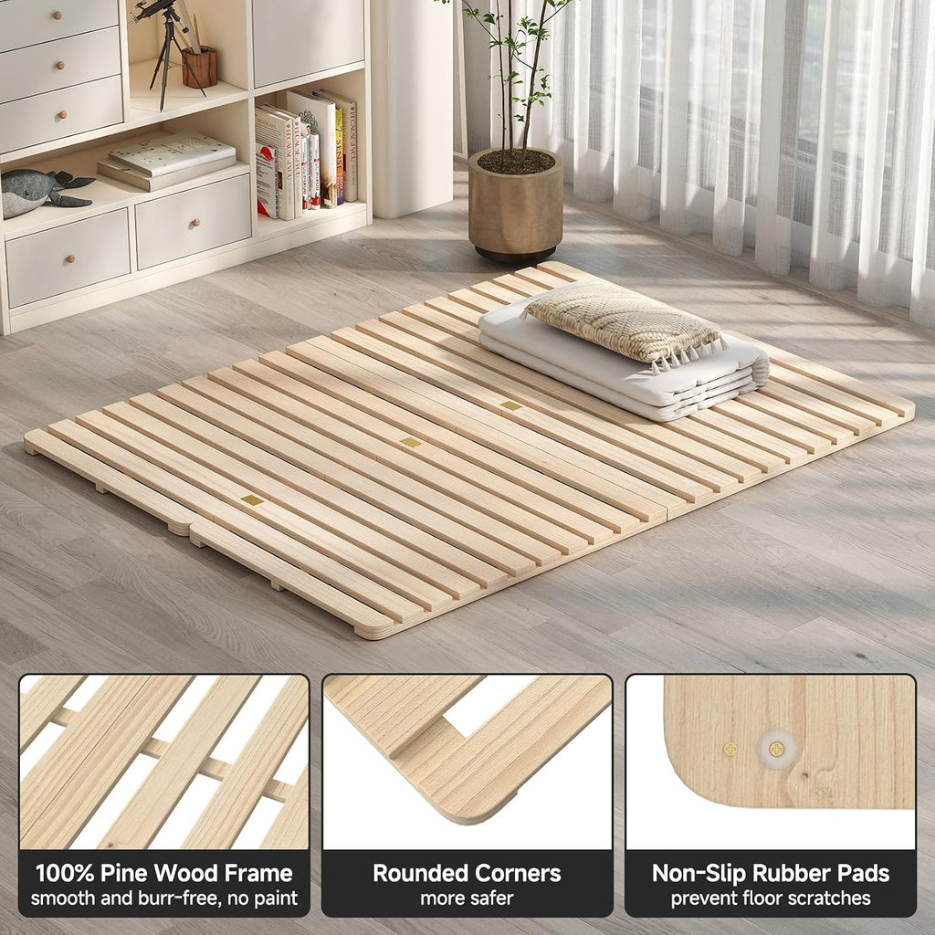 Foldable Floor Bed Frame, Wood Slat Base for Futon Mattress