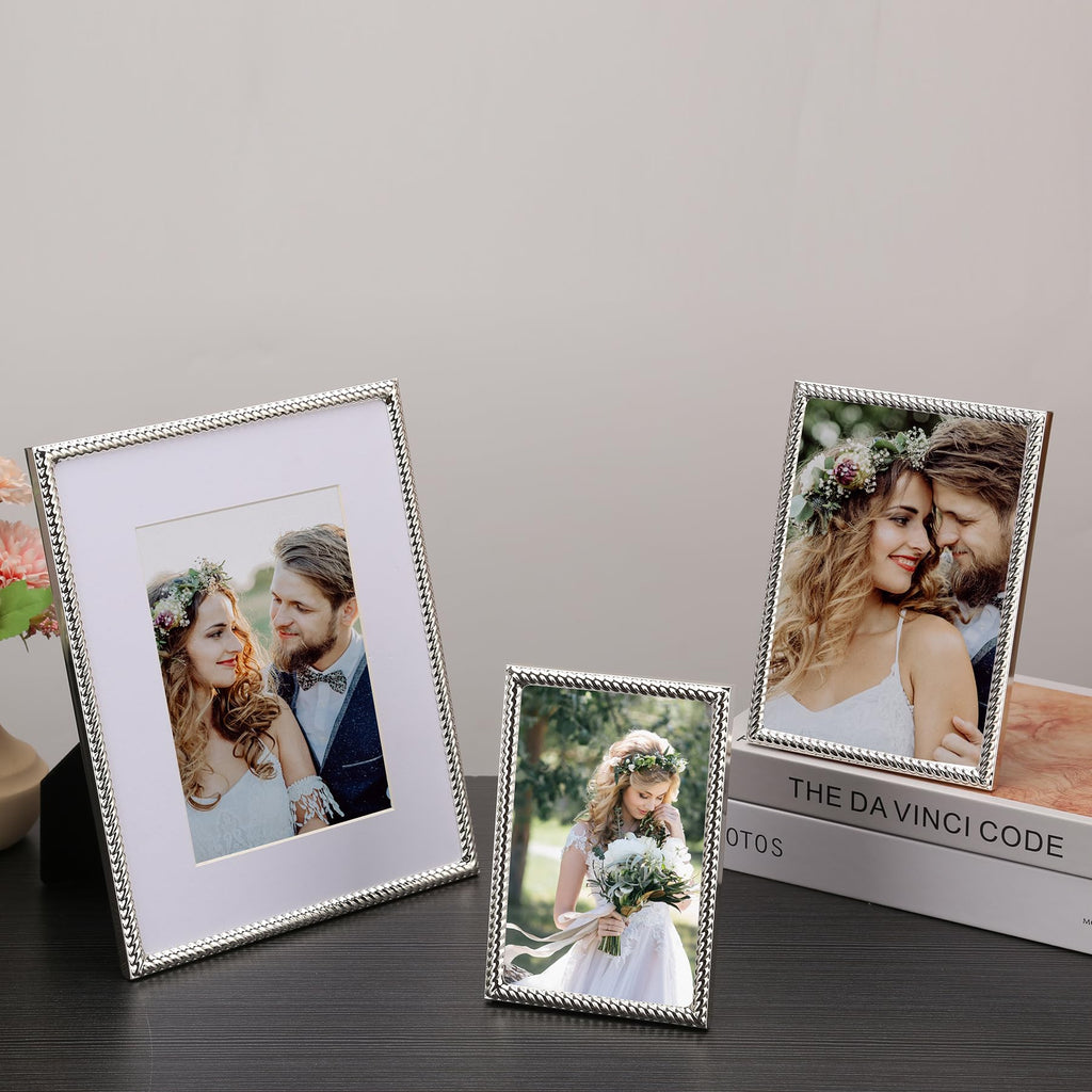4x6'' Silver Hinged Double Picture Frames, Rope Design Metal Photo Frame with Black Velvet Backing and Real Glass
