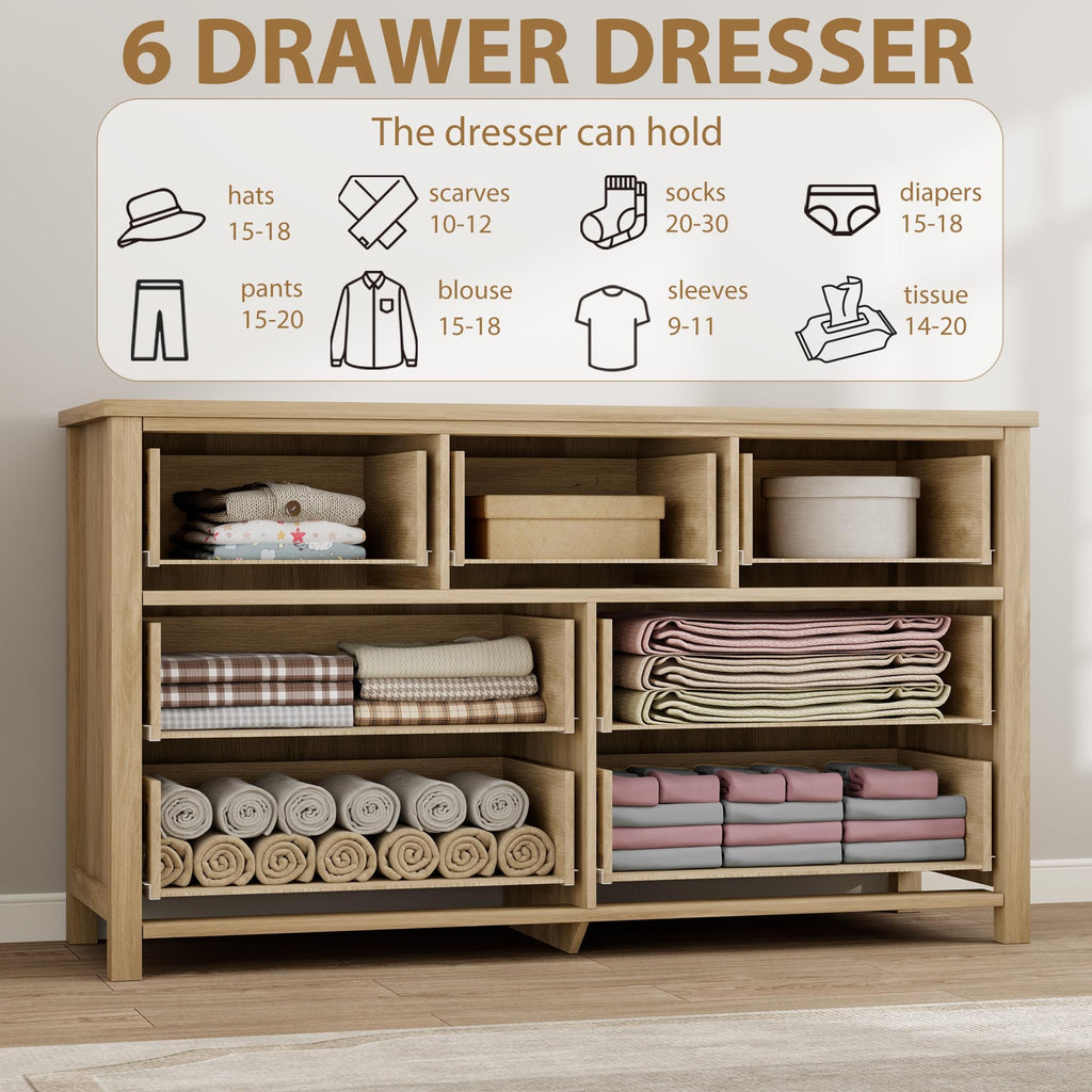 Rattan Dresser with 7 Drawers, 54'' Wide Chest of Drawers with Large Clothes Storage Cabinet, Wood Bedroom Dresser