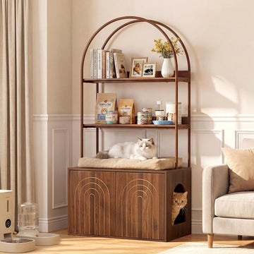 Arched Cat Litter Box Enclosure with 2-Tier Shelves, 63" Tall Hidden Litter Box Furniture with Reversible Entry, Wood