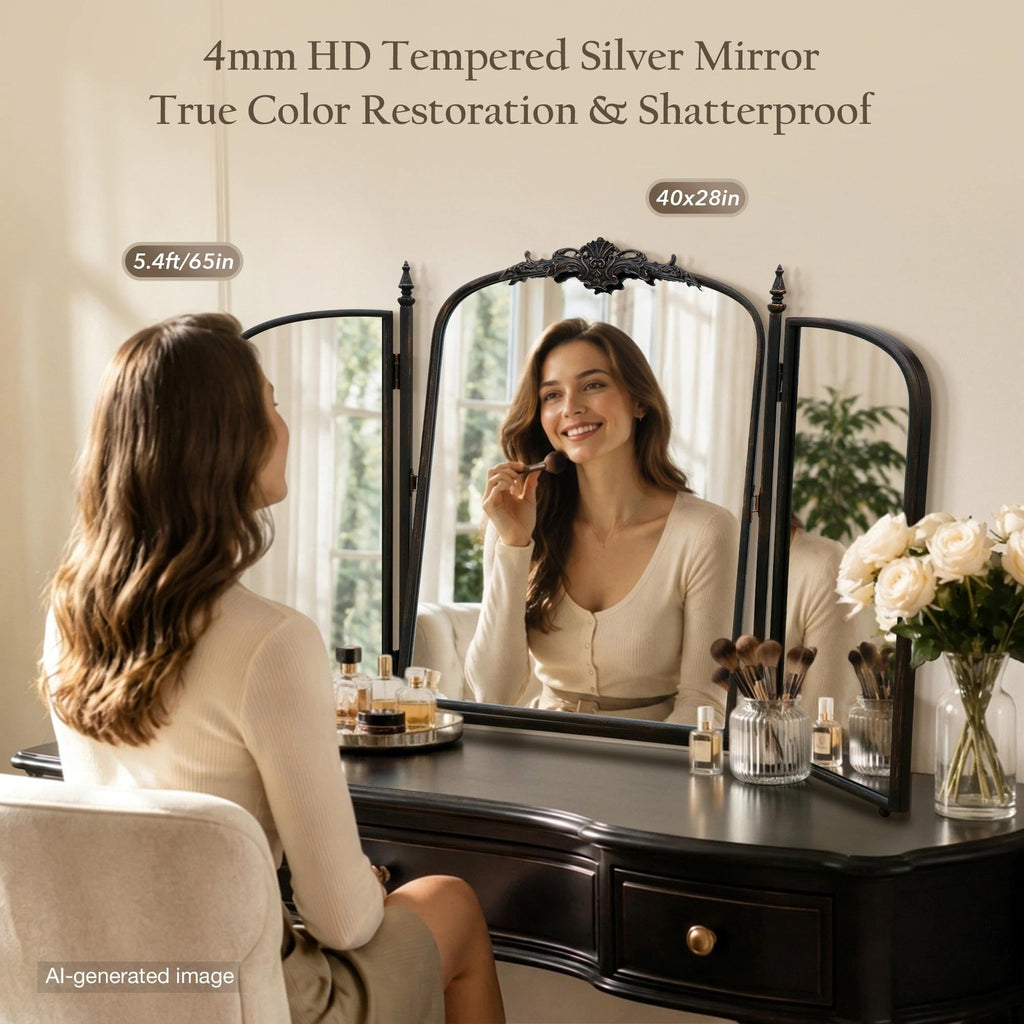 Black Vanity Trifold Mirror: 40"x28" Vintage Arch Three Way Mirror