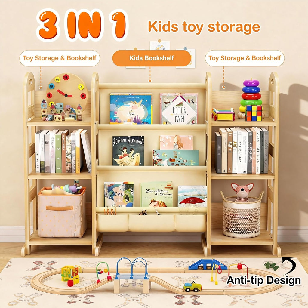 Kids Bookshelf and Toy Storage Organizer, Wood Book Shelf for Kids Rooms | Book Rack for Kids Room, Nursery