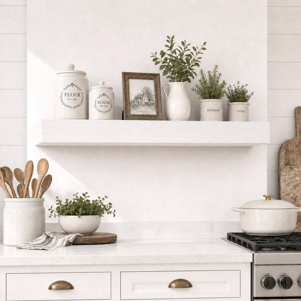 Fireplace Mantel Shelves 55 Inch Solid Wood Wall Mounted Long Floating Shelf Hollow, White