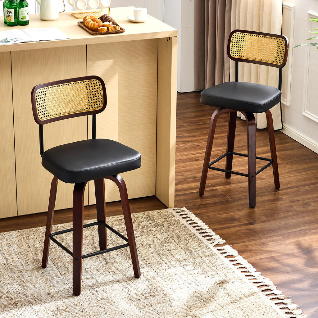Modern Bar Stool 26" H, PU Leather with Rattan Back, 360° Swivel, Solid Wood Legs Barstools Island & Home Bar, Black