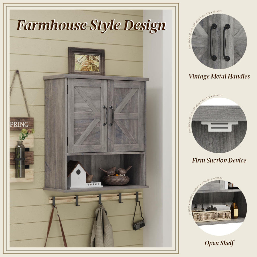 Farmhouse Bathroom Cabinet Wall Mounted, Washed Grey Small Medicine Cabinet with Adjustable Shelf, Bathroom Cabinet