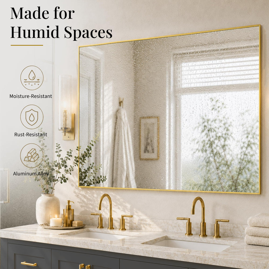 48x36 Inch Brushed Gold Rectangular Bathroom Vanity Mirror